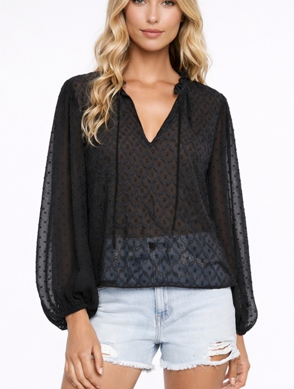 Alice + Olivia Julius Geo Pattern Blouson Sleeve Silk Blend Top Large $295  F387